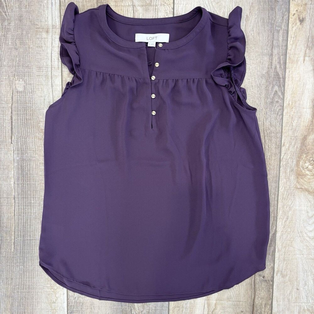 NWT Loft Purple Womens Flutter Ruffle Sleeve Blouse Size XS Boho Preppy Flowy